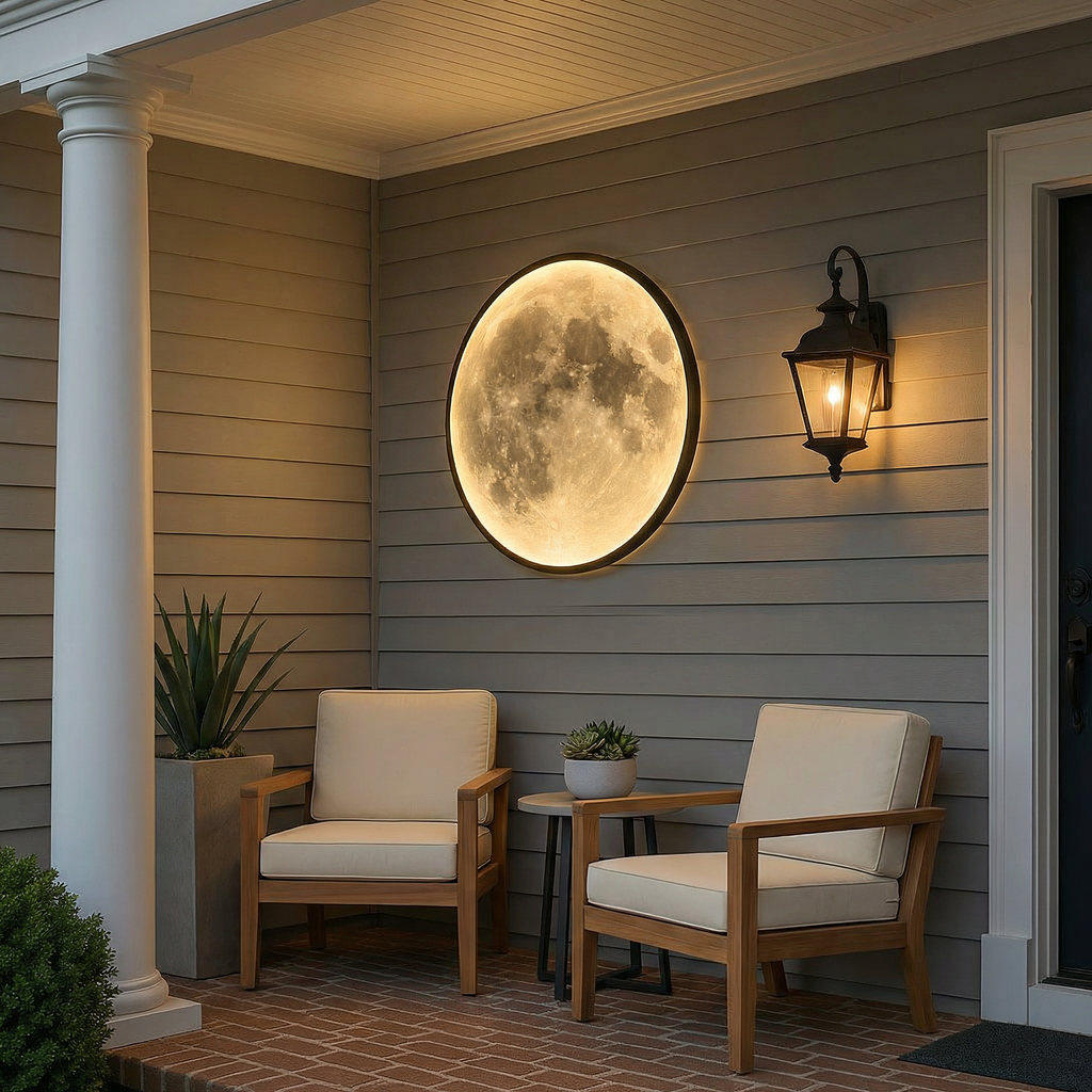 CelestiaGlow Exterior Wall Light With Moon Surface And Soft Led Glow For Patio And Garden