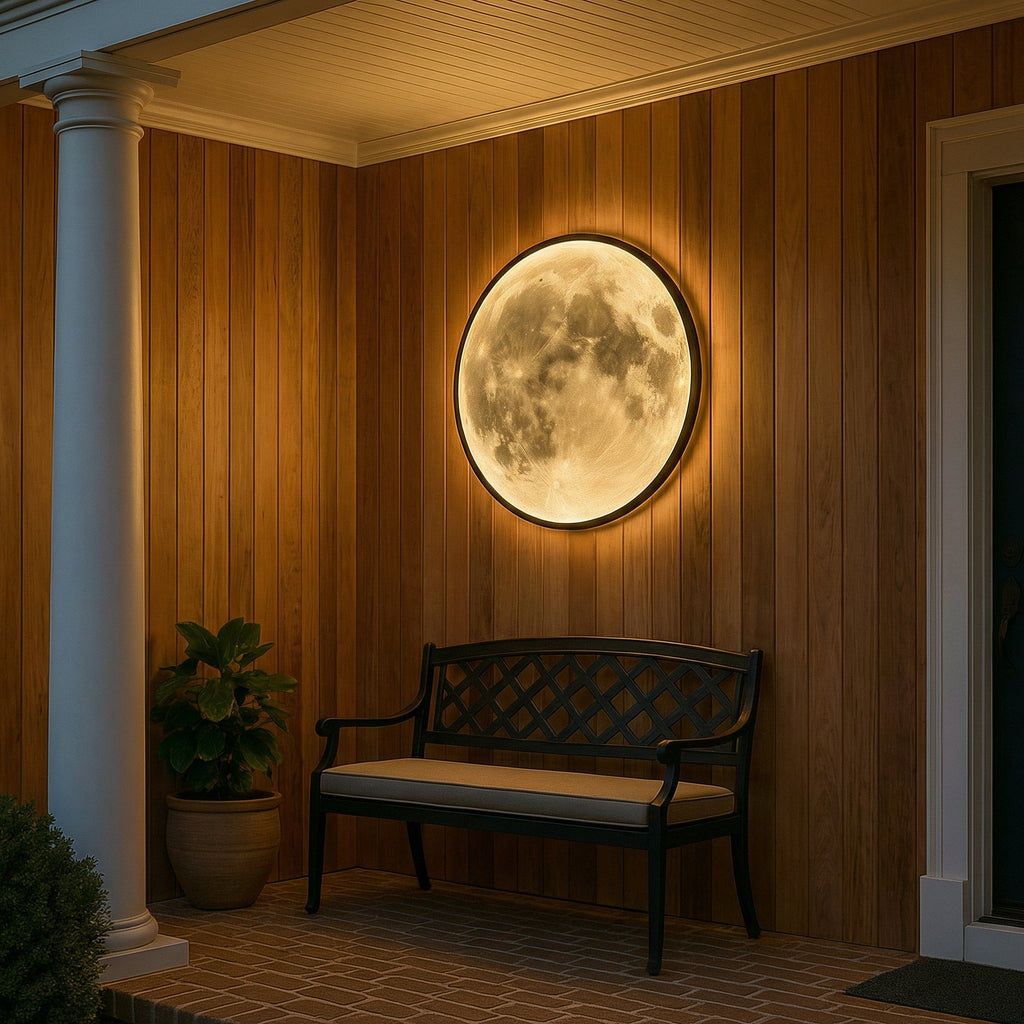 CelestiaGlow Exterior Wall Light With Moon Surface And Soft Led Glow For Patio And Garden