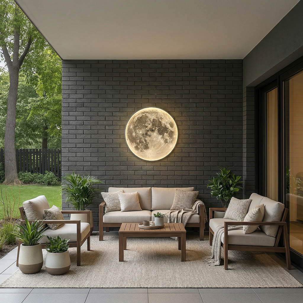 CelestiaGlow Exterior Wall Light With Moon Surface And Soft Led Glow For Patio And Garden