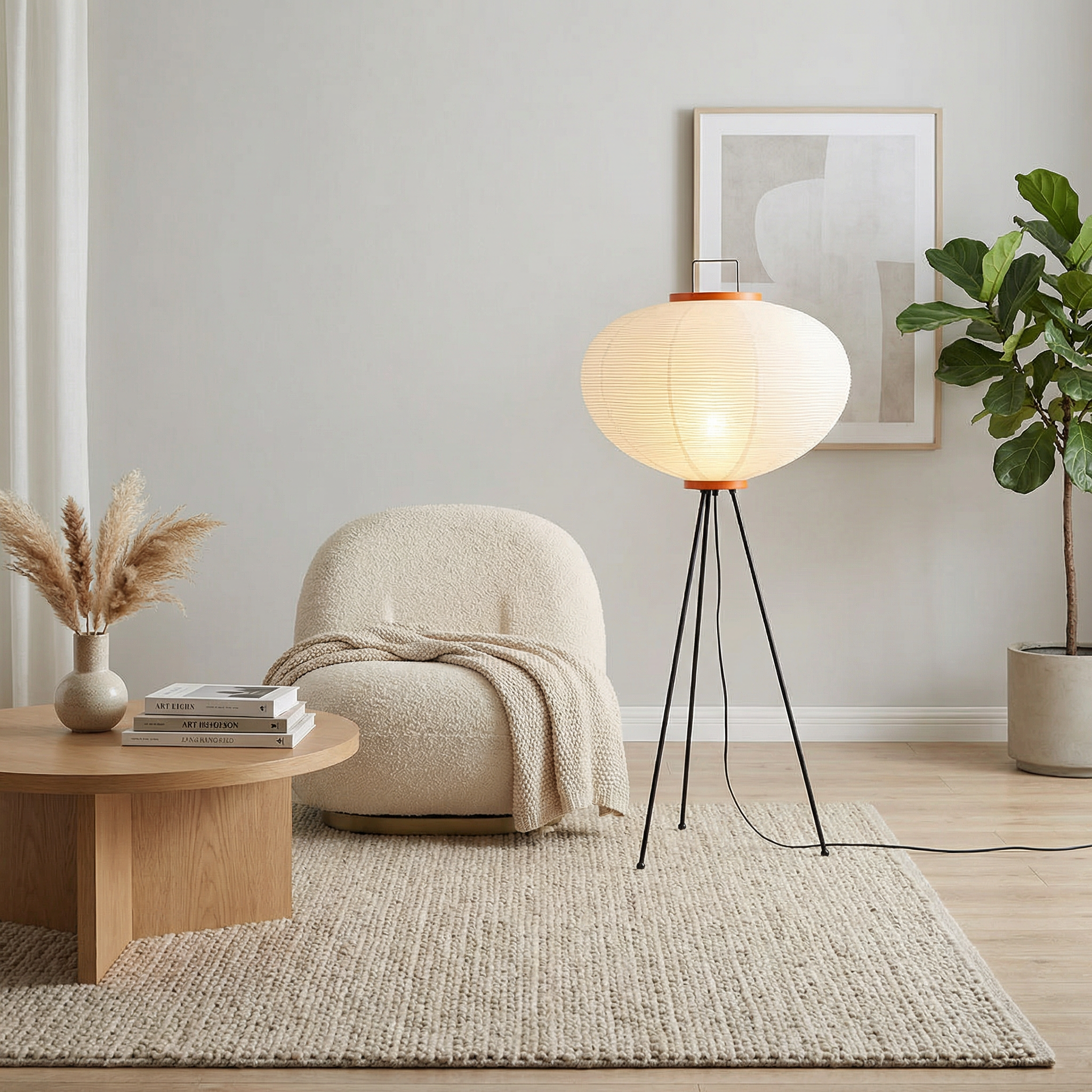 Minimalist Floor Lamp With A Handmade Shade Of Rice Paper For Cozy Ambient Lighting In Any Living Space