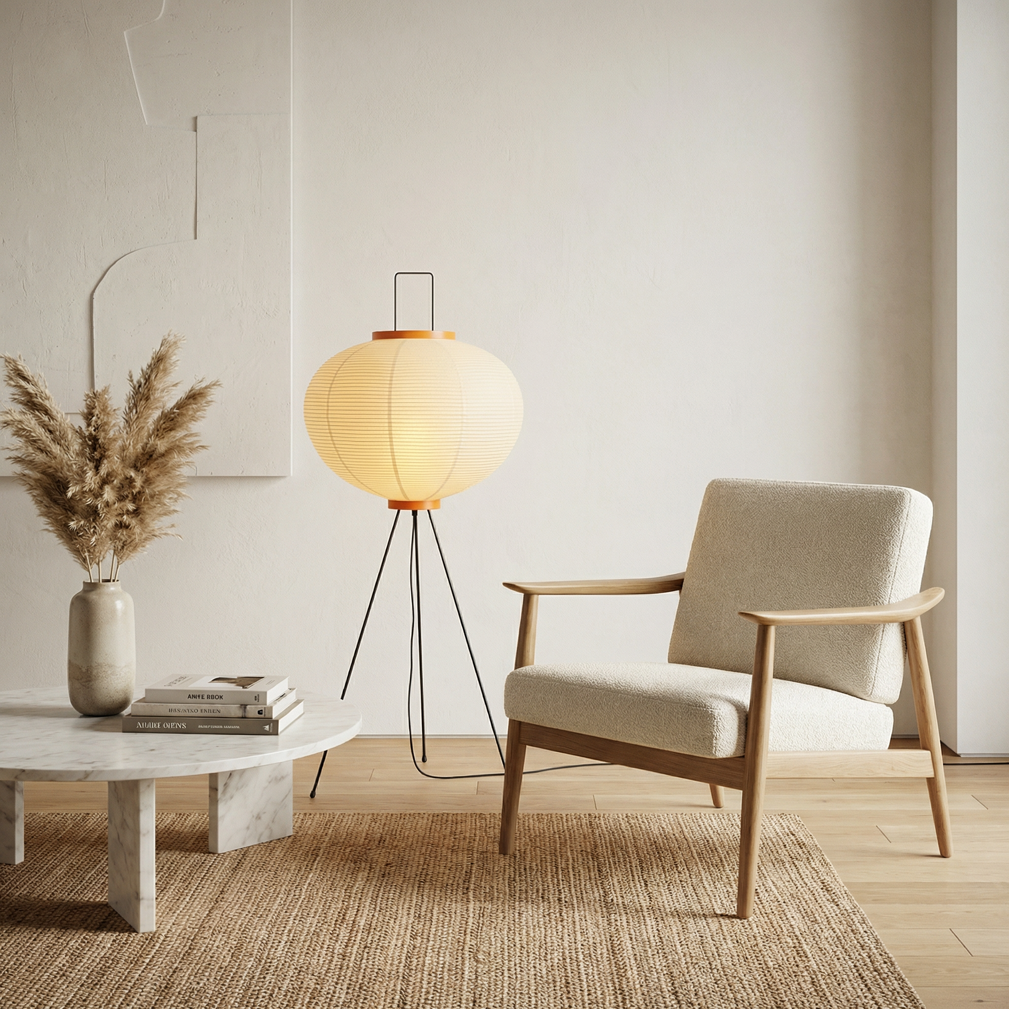 Minimalist Floor Lamp With A Handmade Shade Of Rice Paper For Cozy Ambient Lighting In Any Living Space