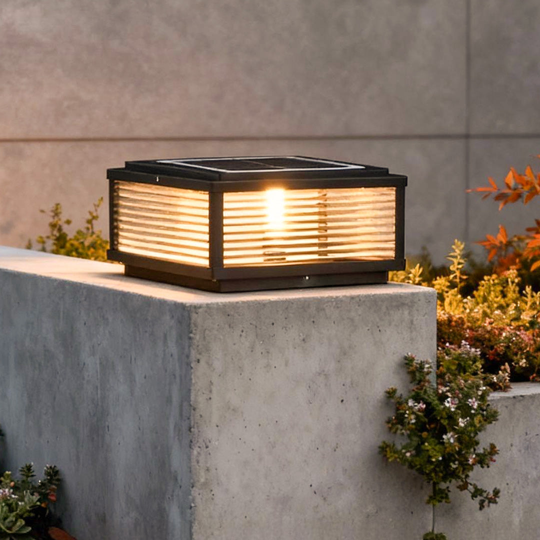Square Outdoor Pedestal Light With Ribbed Glass And Aluminum Housing