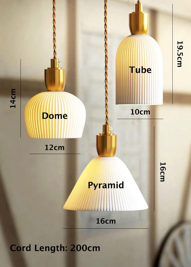 Aurora Deco Ribbed Ceramic Pendant Light With Cream Shade, Brushed Brass, Cord And Holder
