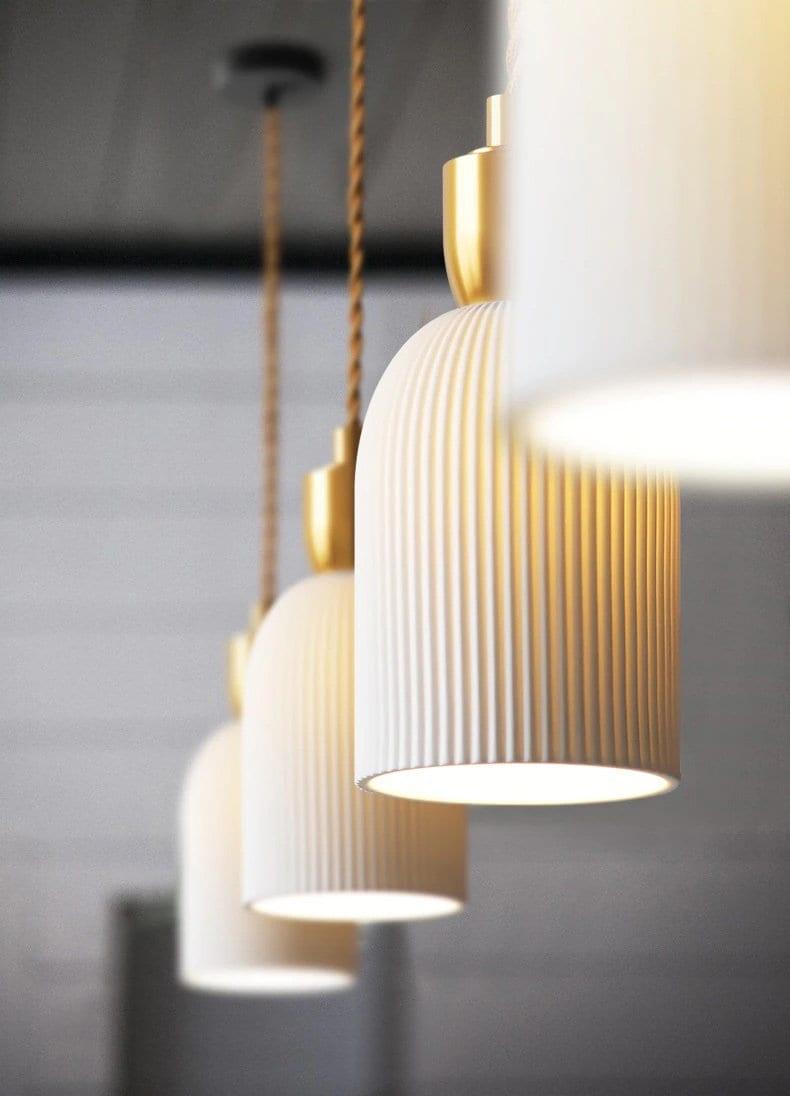 Aurora Deco Ribbed Ceramic Pendant Light With Cream Shade, Brushed Brass, Cord And Holder
