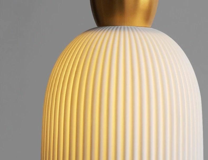 Aurora Deco Ribbed Ceramic Pendant Light With Cream Shade, Brushed Brass, Cord And Holder