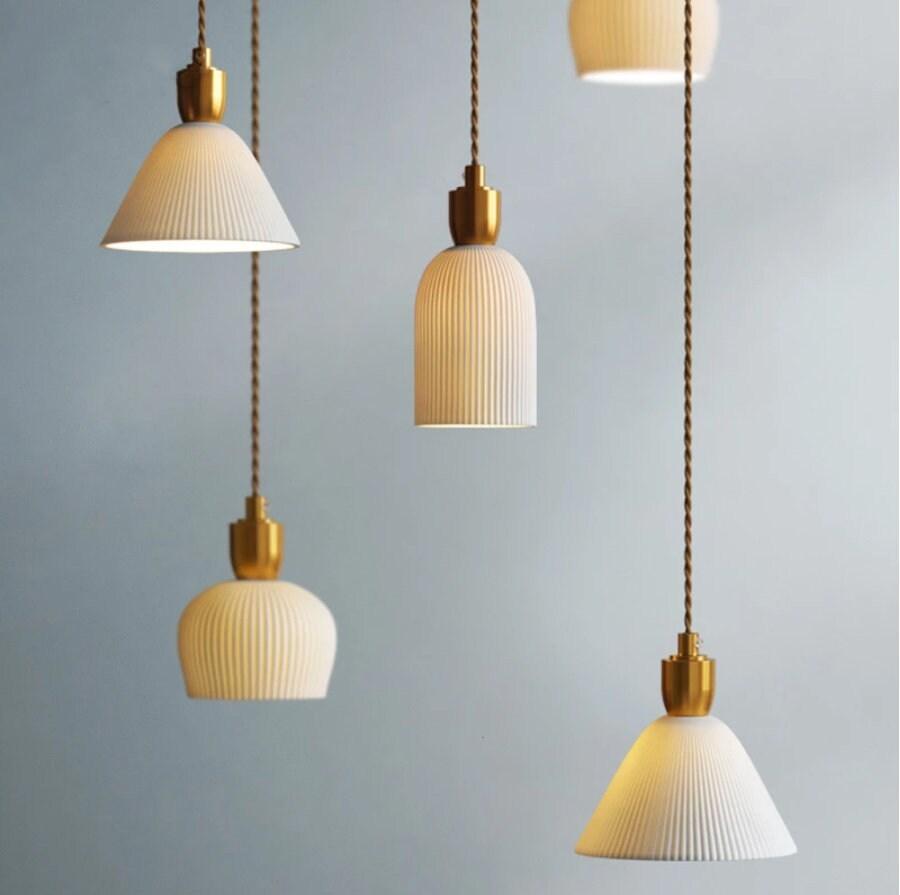 Aurora Deco Ribbed Ceramic Pendant Light With Cream Shade, Brushed Brass, Cord And Holder