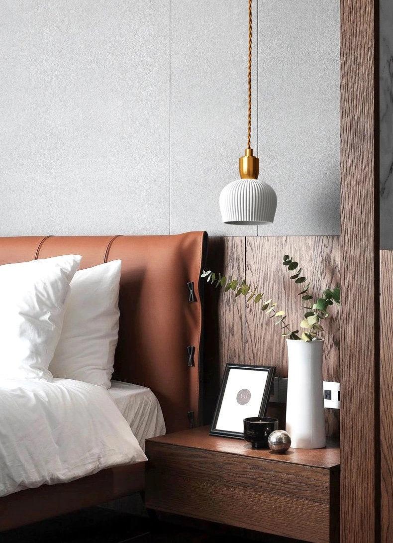 Aurora Deco Ribbed Ceramic Pendant Light With Cream Shade, Brushed Brass, Cord And Holder