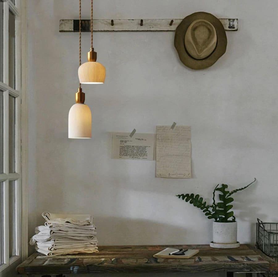 Aurora Deco Ribbed Ceramic Pendant Light With Cream Shade, Brushed Brass, Cord And Holder
