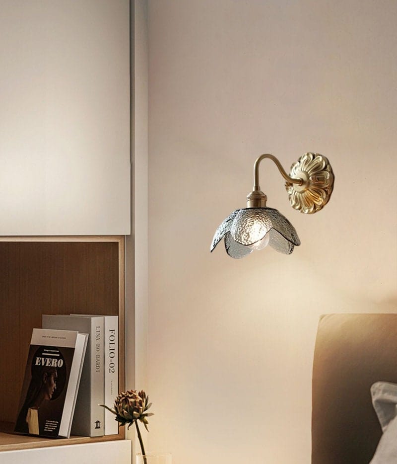 Elora Lotus Wall Light With Glass Shade That Is Seeded In Brushed Brass Finish For Interiors