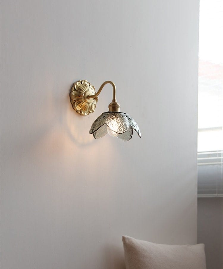 Elora Lotus Wall Light With Glass Shade That Is Seeded In Brushed Brass Finish For Interiors