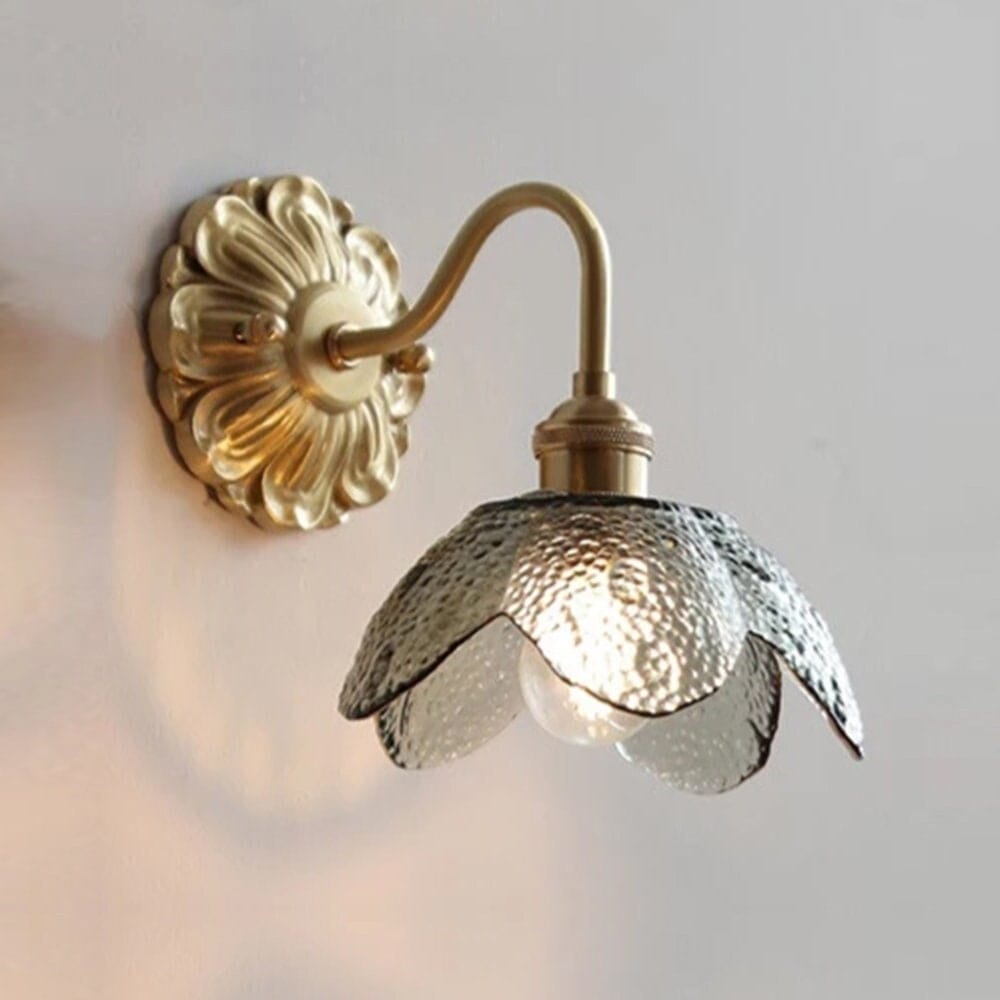 Elora Lotus Wall Light With Glass Shade That Is Seeded In Brushed Brass Finish For Interiors