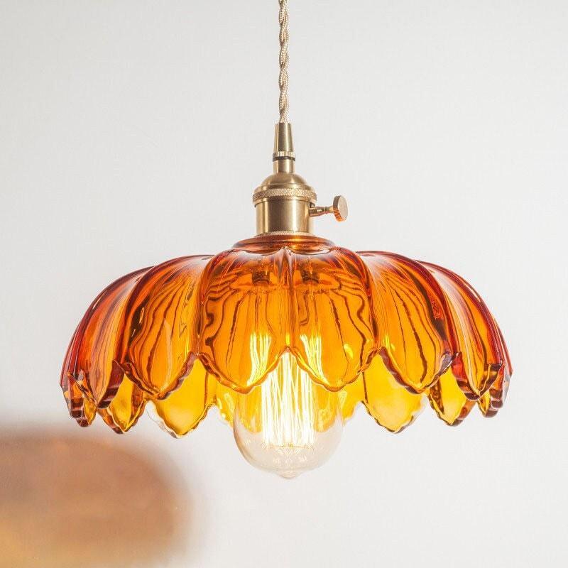 Lyra Lotus Glass Pendant Light With Brushed Brass Holder And Included Bulb Ready To Install
