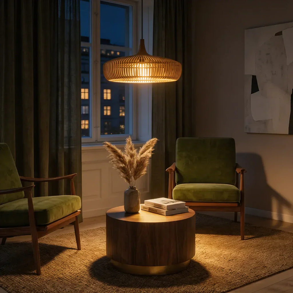 Warm Glow Wood Pendant Light With Minimalist Dome For Modern Interiors And Calm Ambience