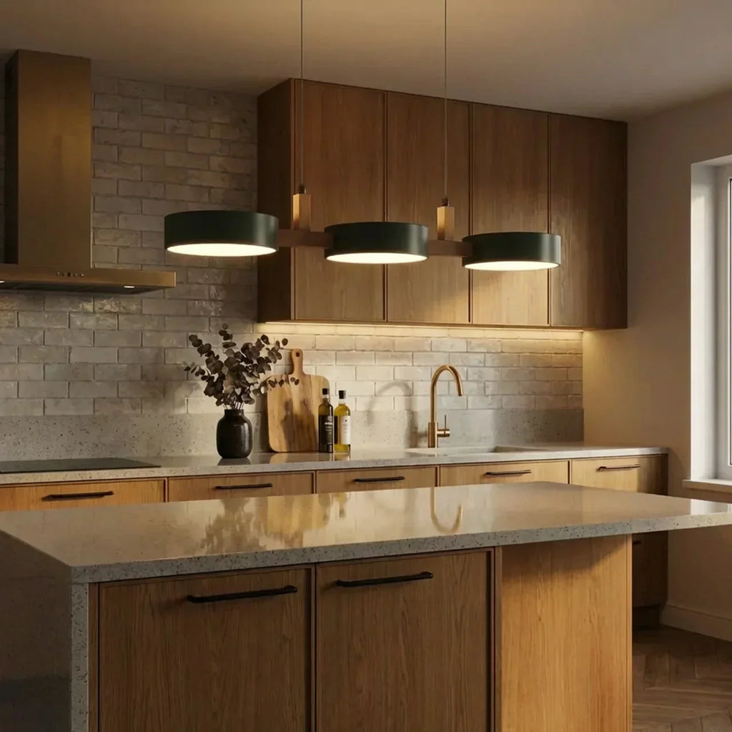 Wood Beam Pendant Light With Metal Drum Shade Array For Ceiling Installations Above Kitchen Islands