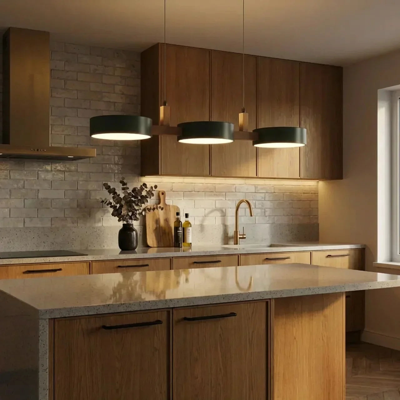 Wood Beam Pendant Light With Metal Drum Shade Array For Ceiling Installations Above Kitchen Islands