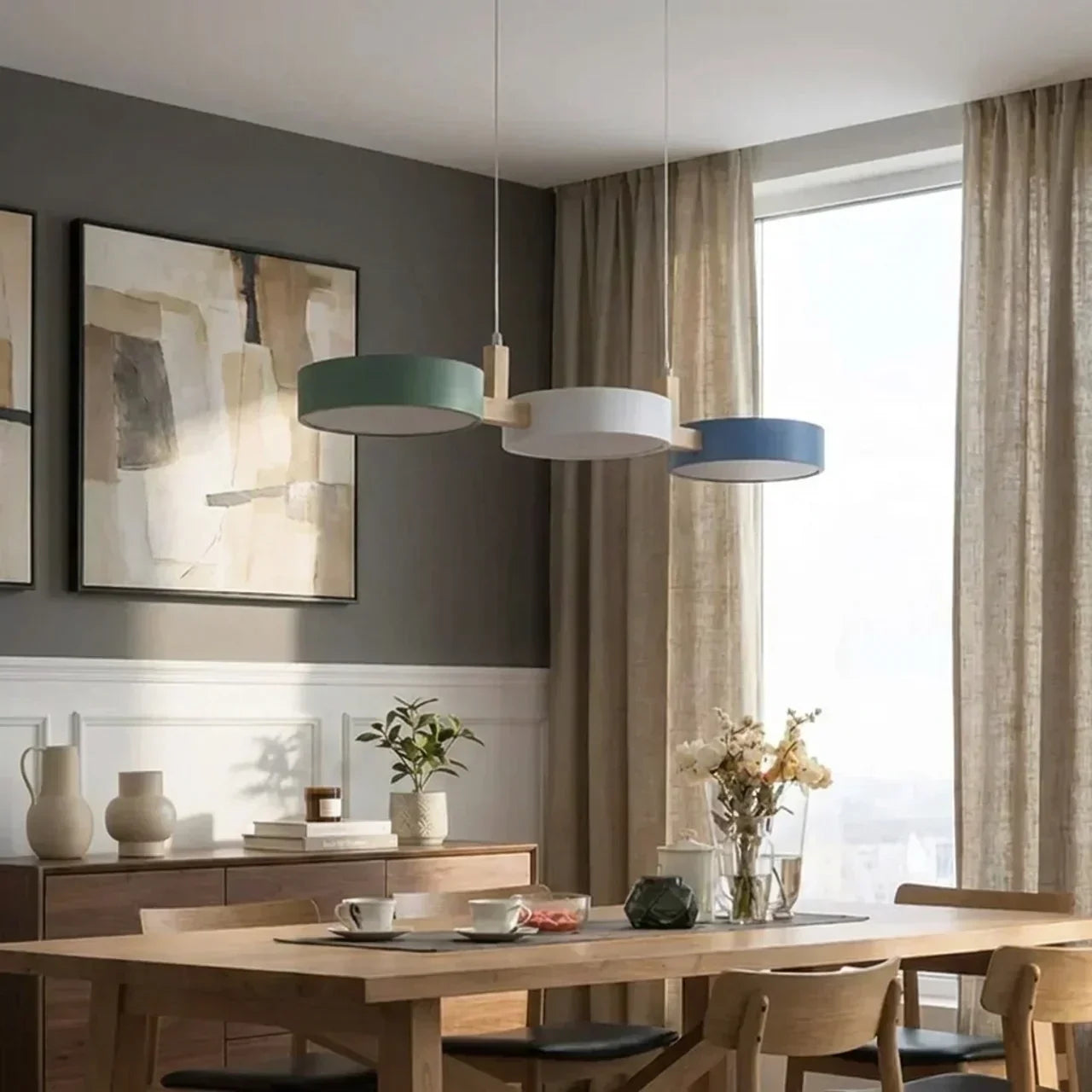 Wood Beam Pendant Light With Metal Drum Shade Array For Ceiling Installations Above Kitchen Islands