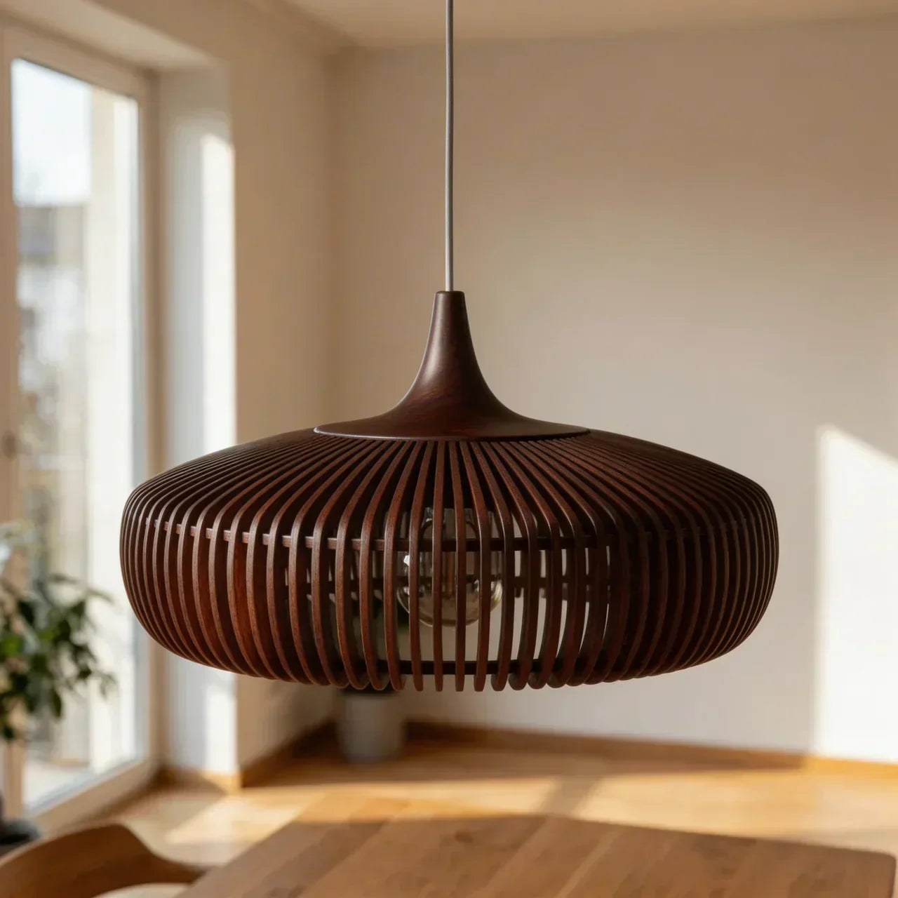 Warm Glow Wood Pendant Light With Minimalist Dome For Modern Interiors And Calm Ambience