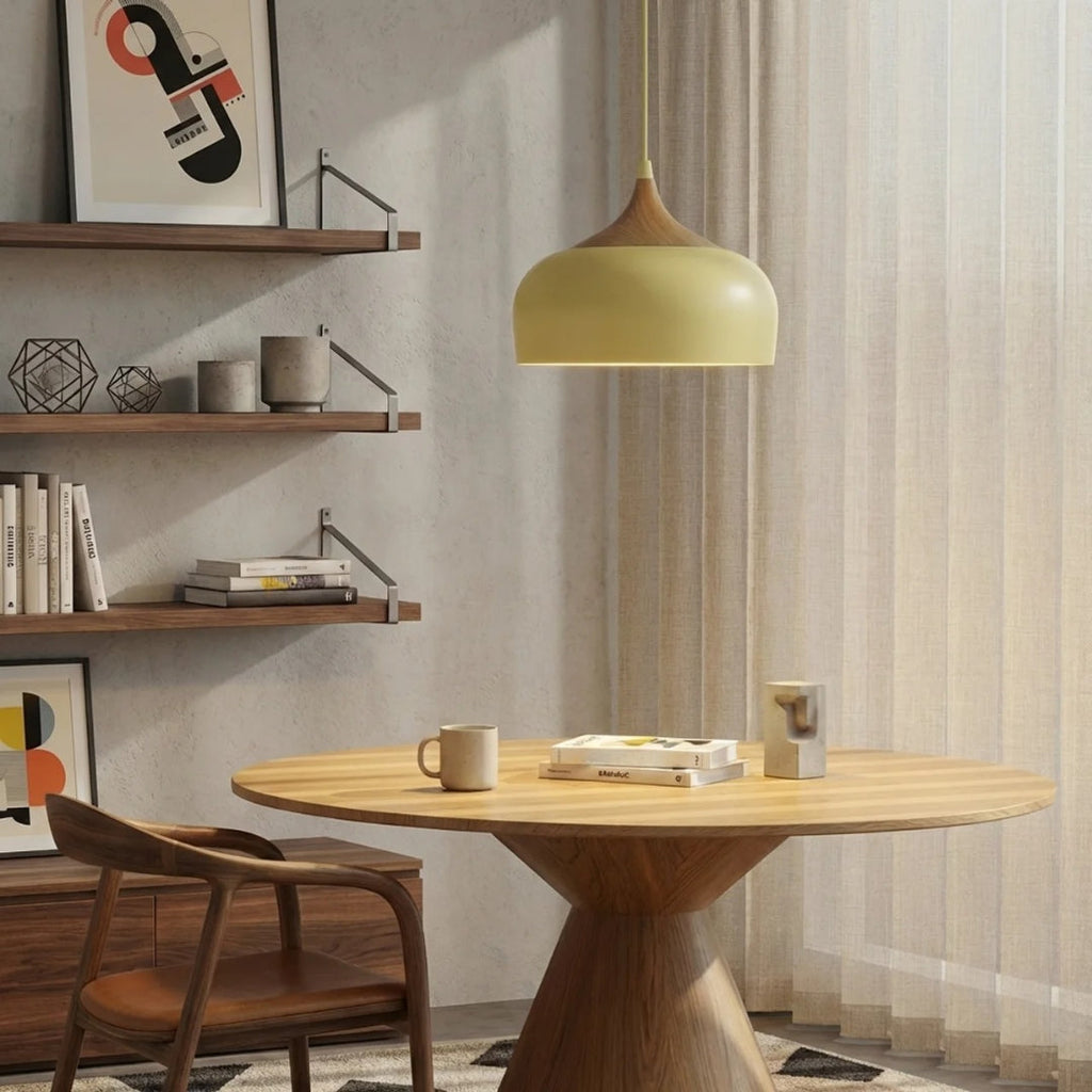 Geometric Sculptural Pendant Light With Metal Shade And Wood Accent For Modern Interiors