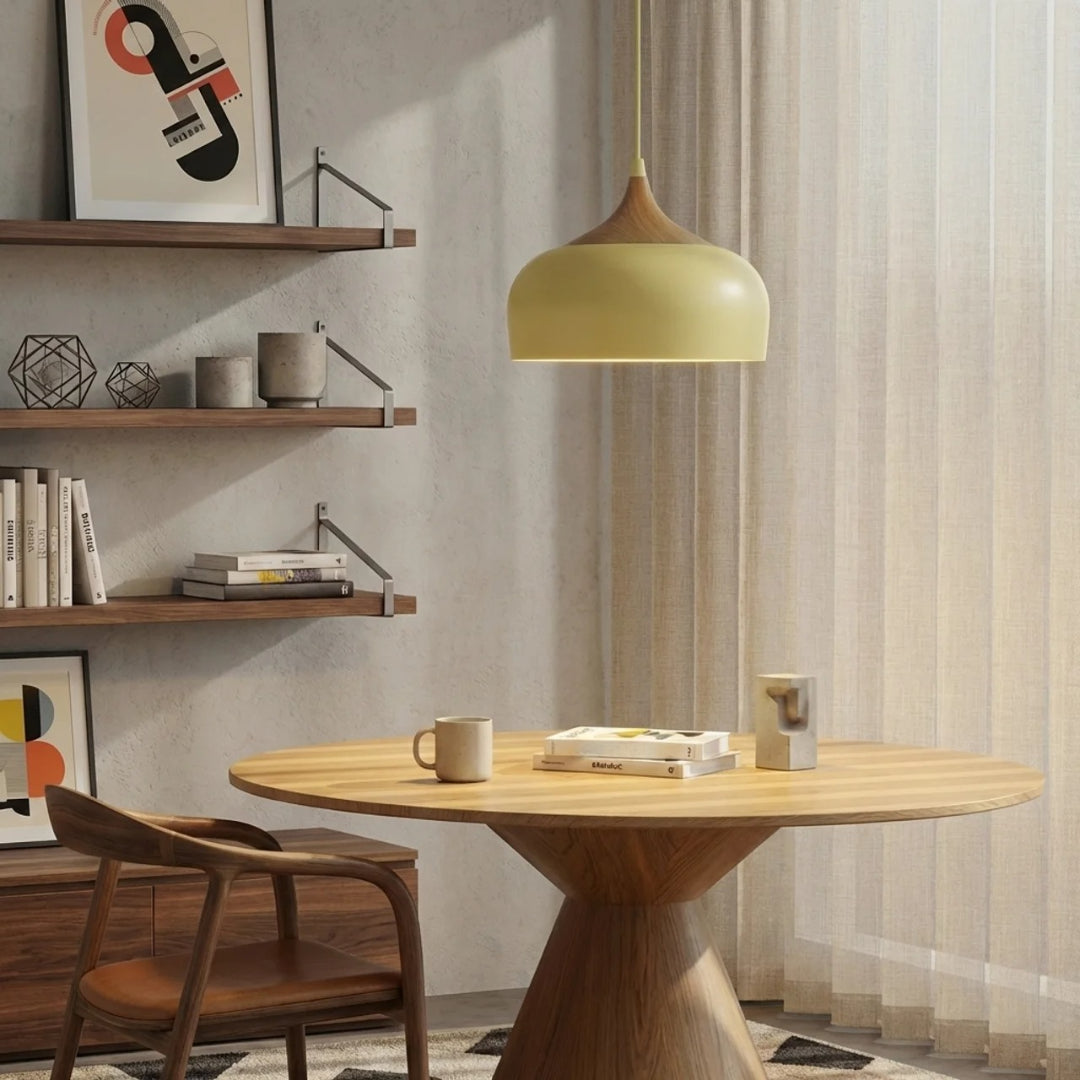 Geometric Sculptural Pendant Light With Metal Shade And Wood Accent For Modern Interiors