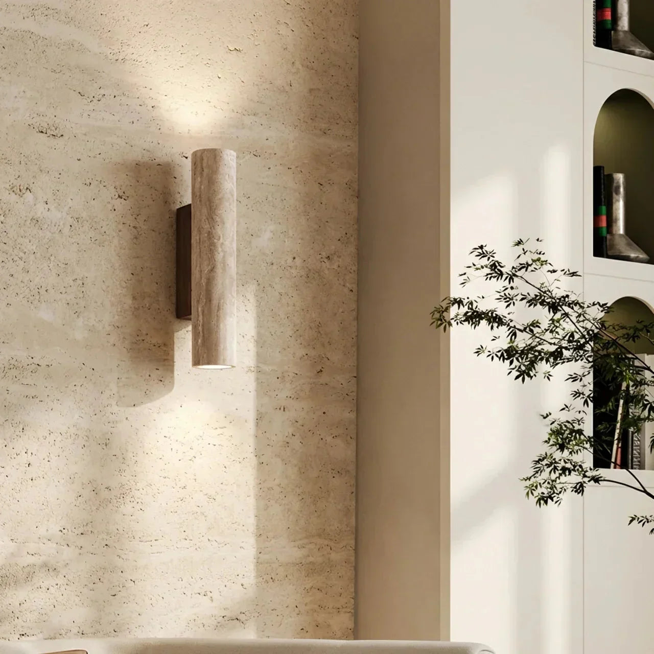 Wall Lamp In Vertical Design Using Travertine Stone With Led Lights Pointing Up And Down