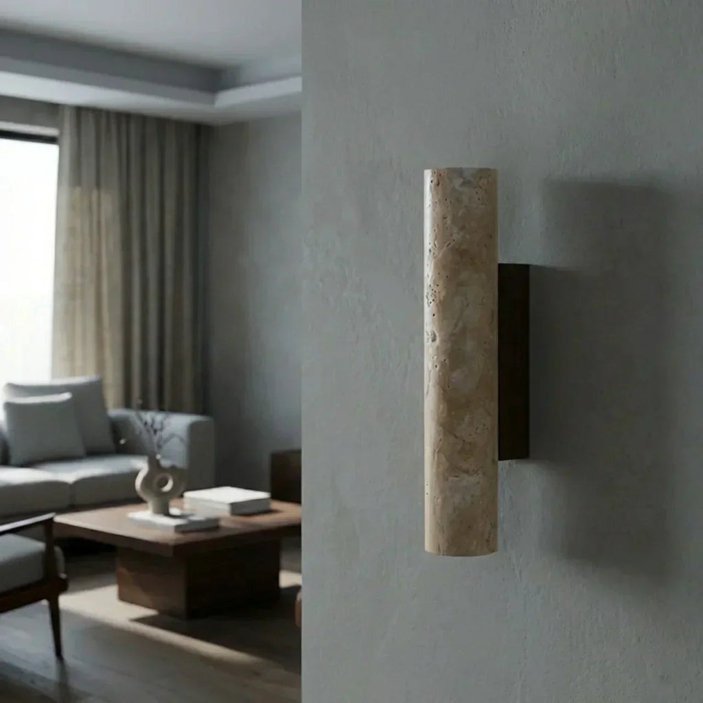Wall Lamp In Vertical Design Using Travertine Stone With Led Lights Pointing Up And Down
