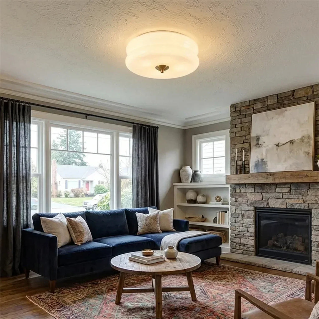 Art Deco Cream Glass Ceiling Light With Flush Mount And Integrated LED For Indoor Use