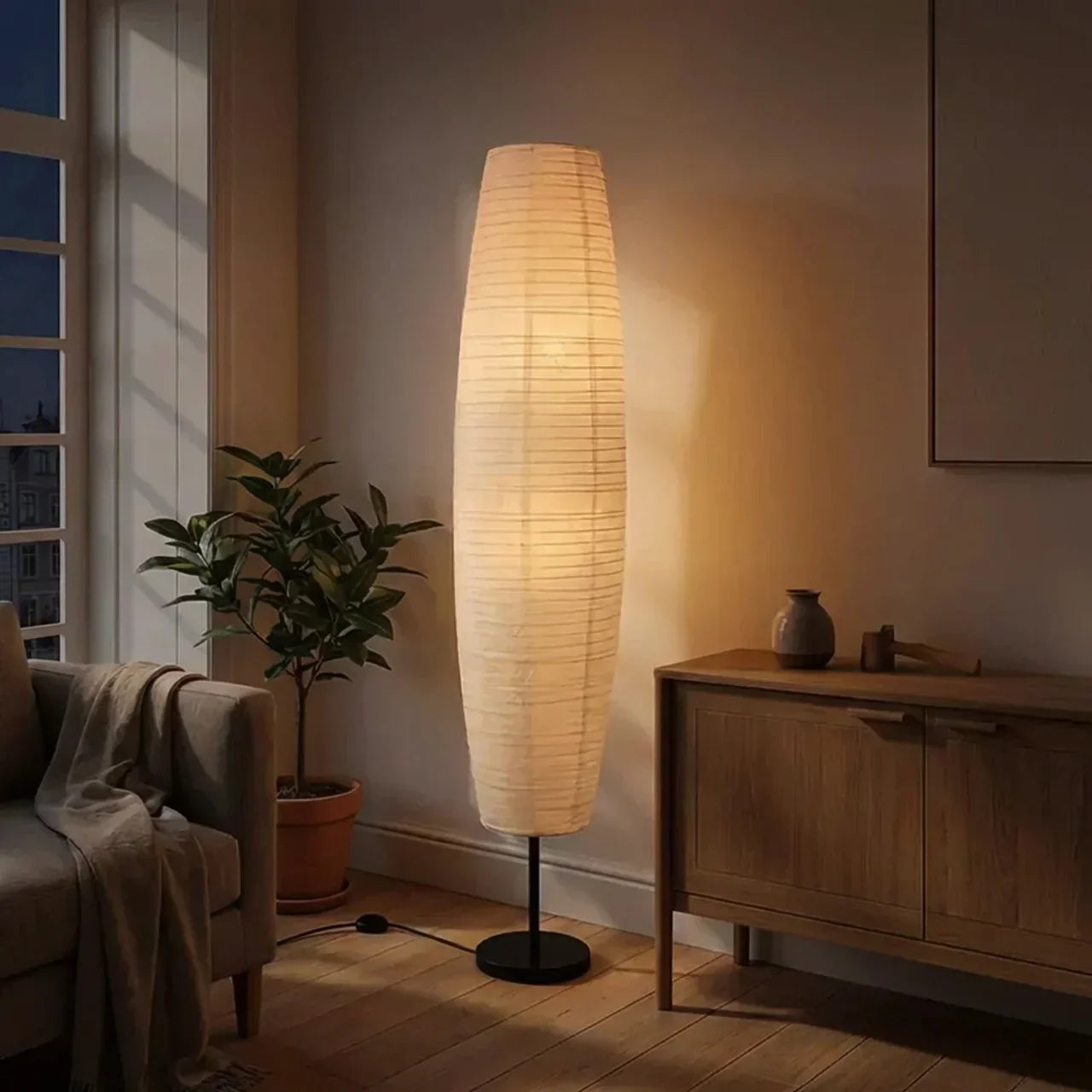 Rice Paper Two Lights Column Lamp For Indoor Living Spaces And Modern Home Interiors