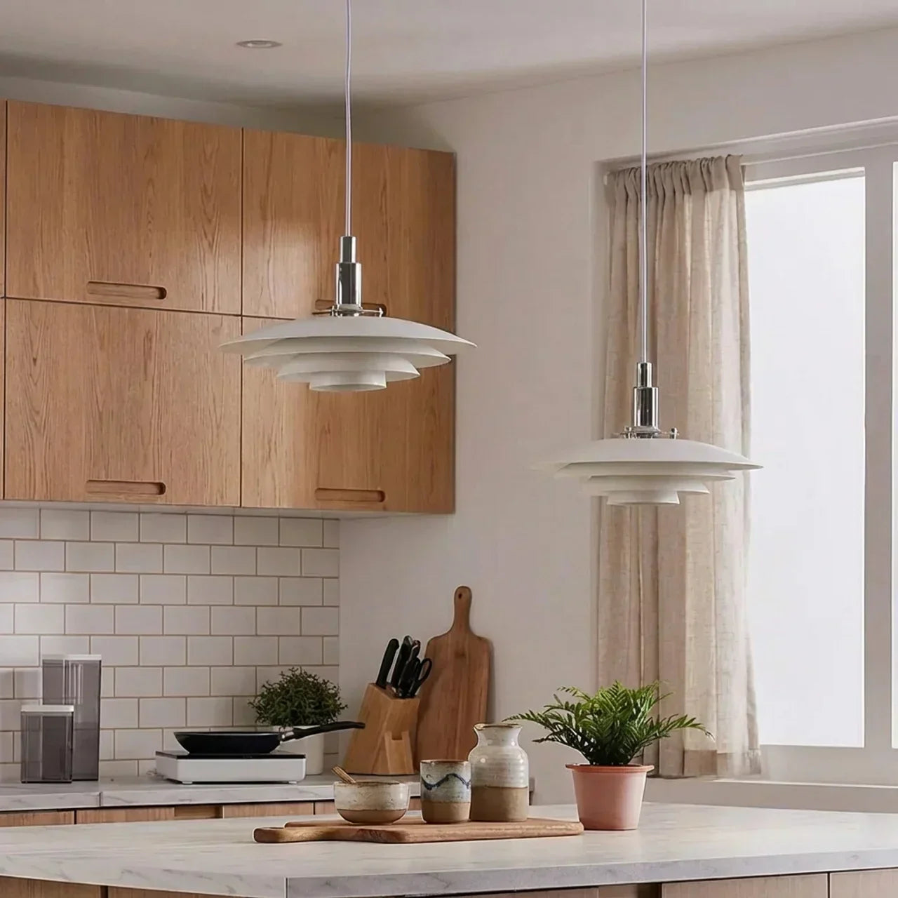 Danish Modern Tiered Pendant Light With Layered Metal Shade For Soft Downward Ambience