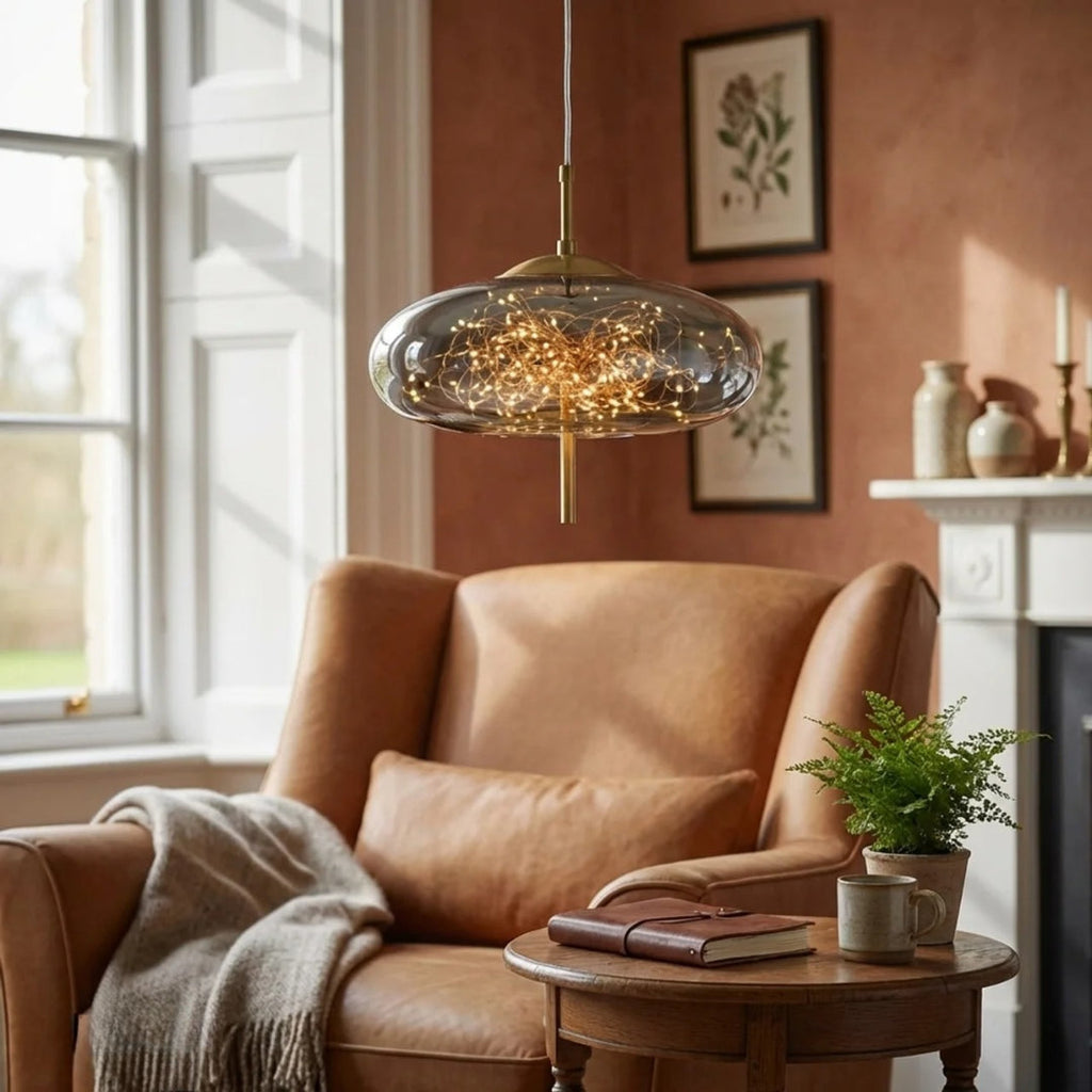 Ceiling Pendant Light With Glass Cylinder And Oval Shade For Ambient Illumination