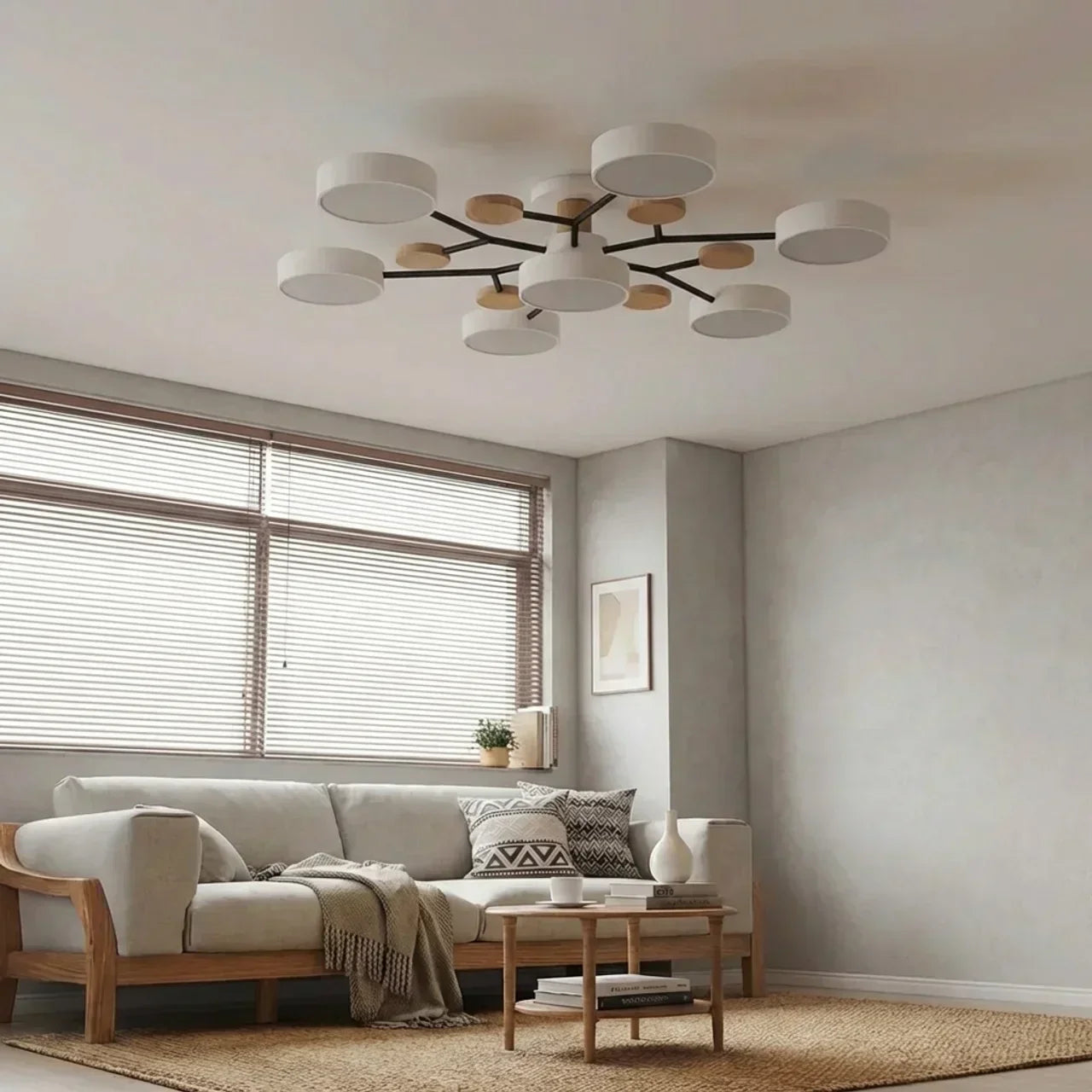 Branching Ceiling Light Fixture Featuring Wood Accents For Modern Living Spaces And Warm Ambience