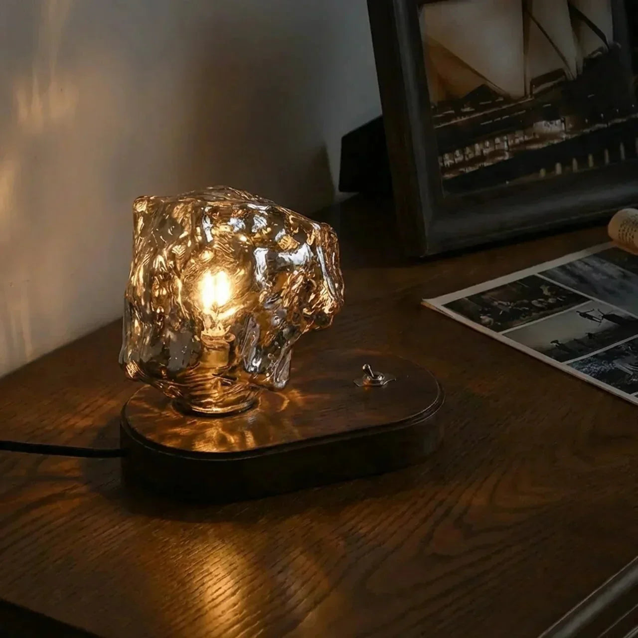Table Lamp With Organic Glass Shade And Wooden Base For Indoor Ambient Living Areas