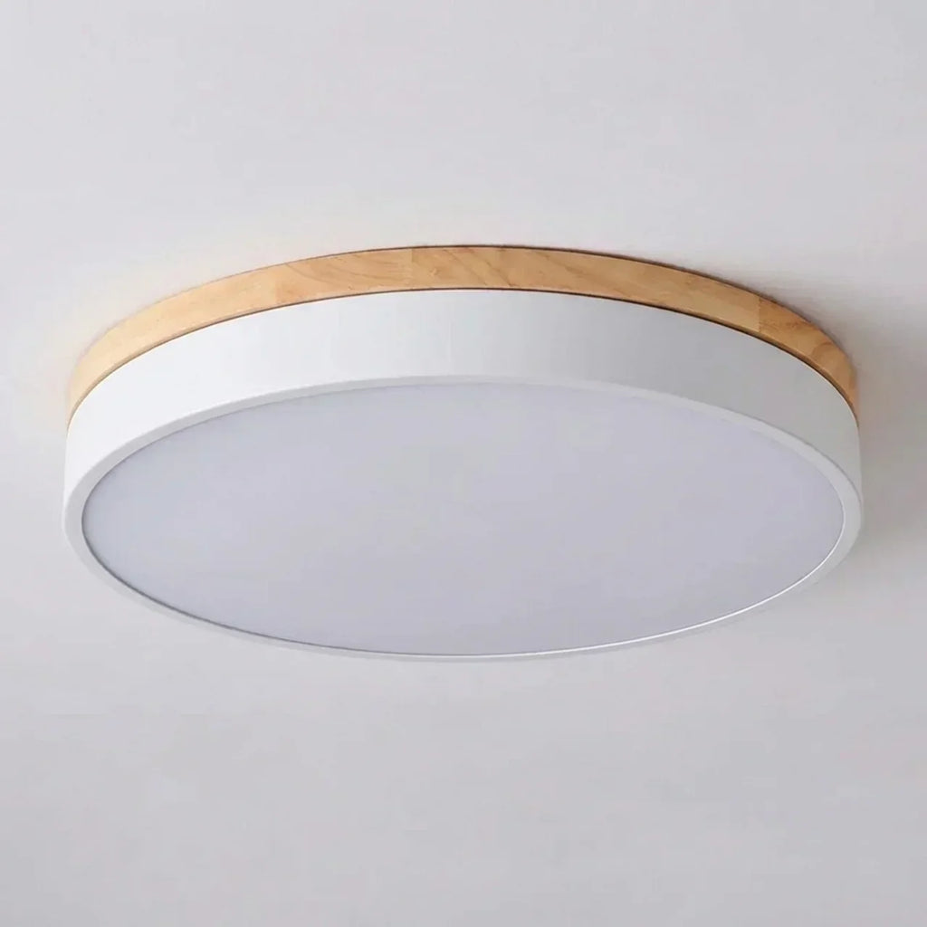 Ultra Slim Ceiling Light With Wood Accent Ring And Built In LED For Modern Indoor Spaces
