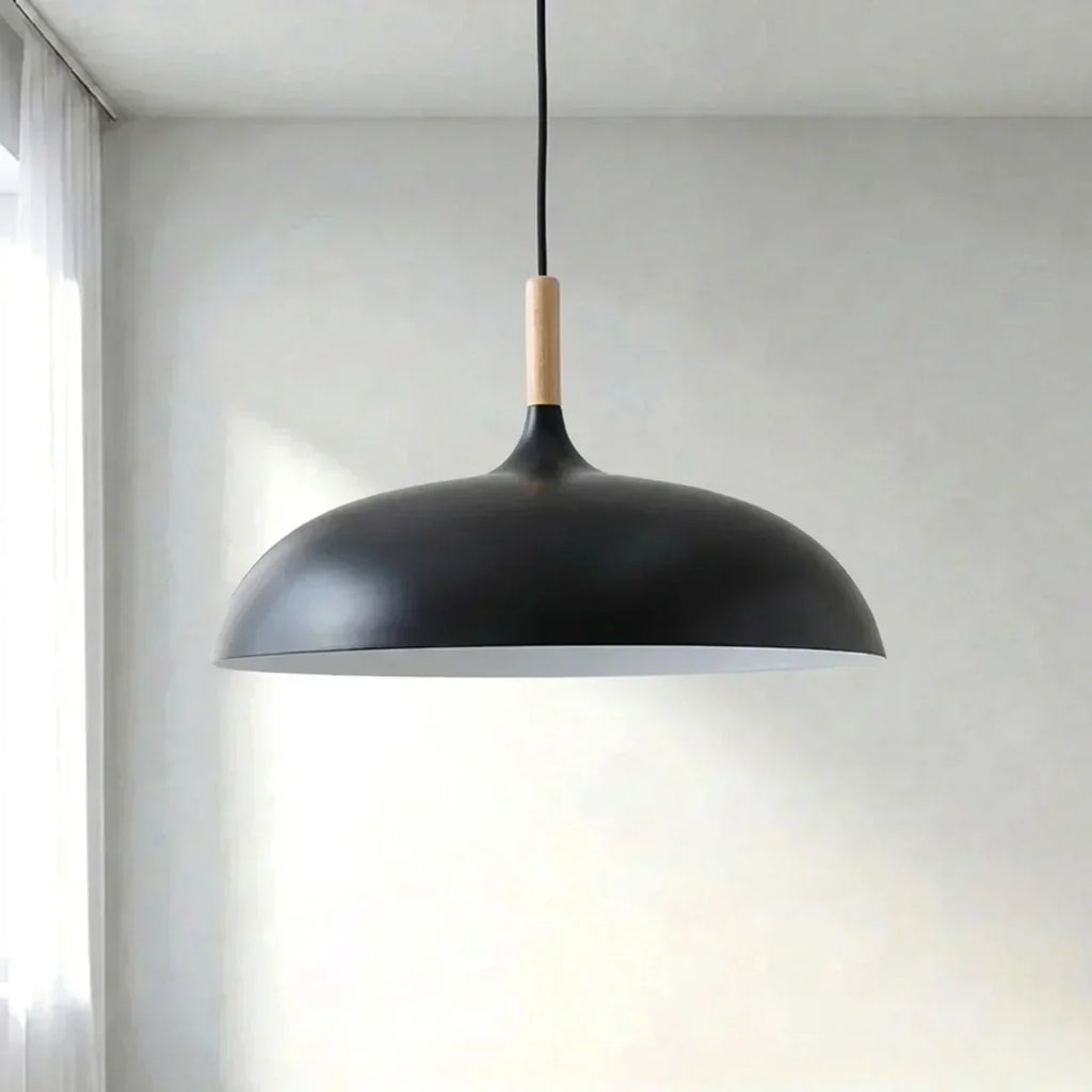 Geometric Sculptural Pendant Light With Metal Shade And Wood Accent For Modern Interiors