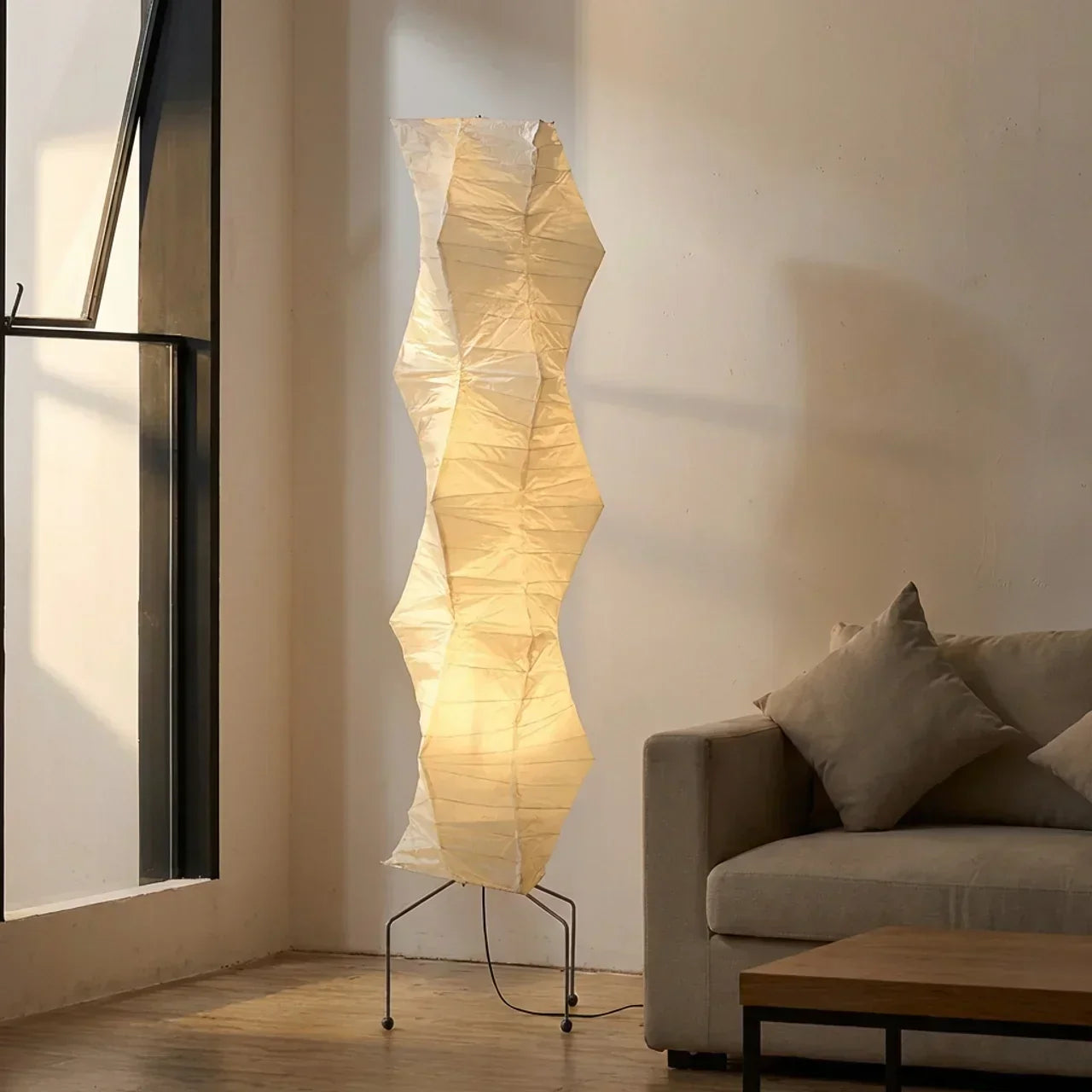 Nimbus And Helix Floor Lamp With Rice Paper Shade And Sculptural Layered Design For Ambient Glow