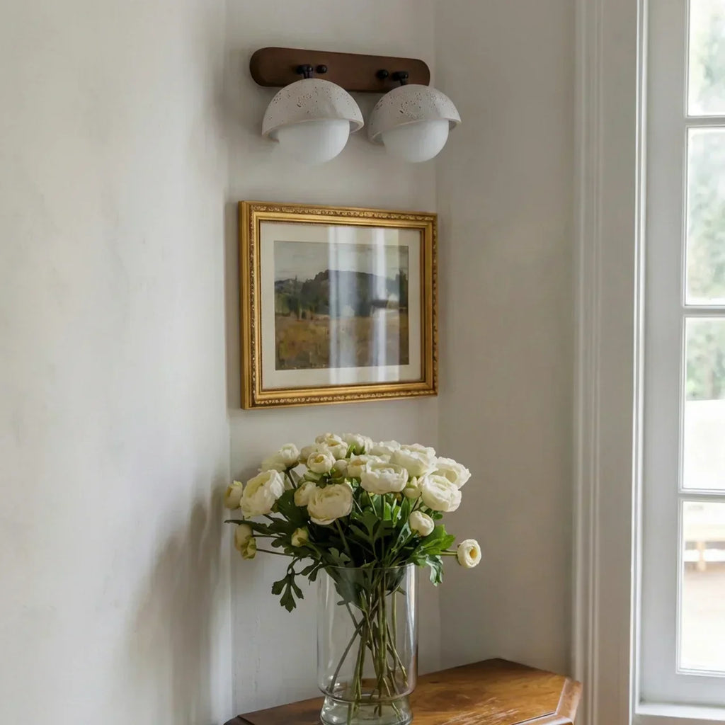 Indoor Travertine And Rustic Wood Wall Light With Glass Shades For Home Interiors And Living Areas