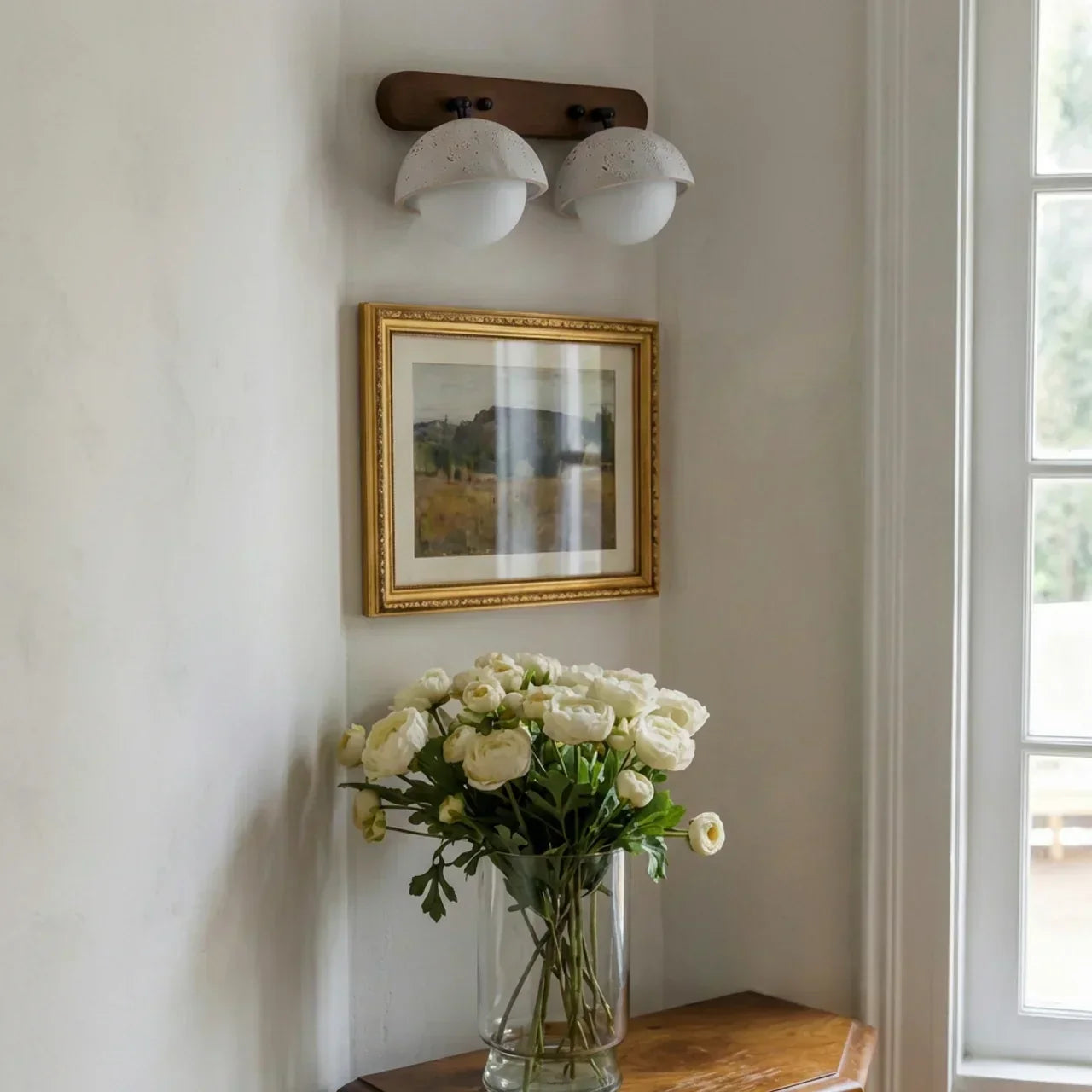 Indoor Travertine And Rustic Wood Wall Light With Glass Shades For Home Interiors And Living Areas