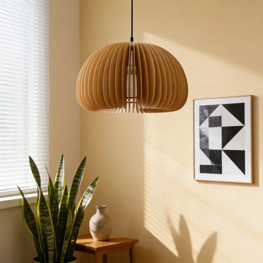 Wooden Pendant Lamp With Sculpted Rounded Shade For Warm Indoor Lighting In Minimalist Spaces