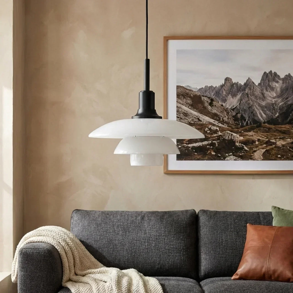 Danish Layered Pendant Light With Glass Shade For Soft Downward Illumination In Living Rooms
