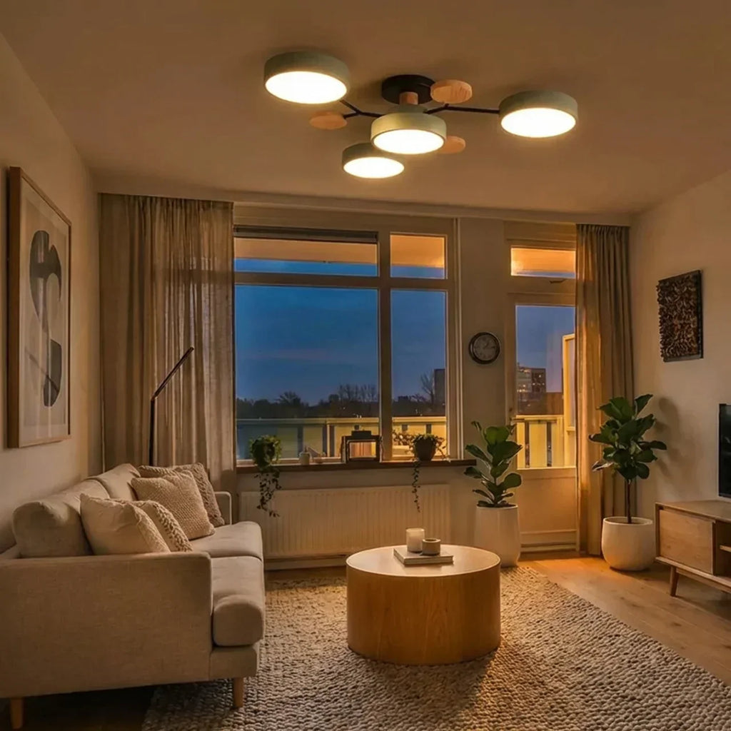 Branching Ceiling Light Fixture Featuring Wood Accents For Modern Living Spaces And Warm Ambience