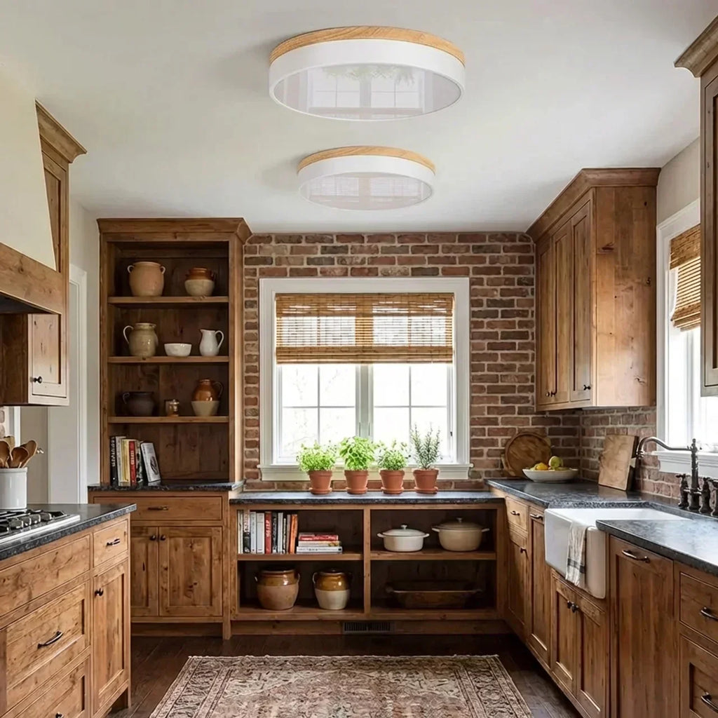 Ultra Slim Ceiling Light With Wood Accent Ring And Built In LED For Modern Indoor Spaces