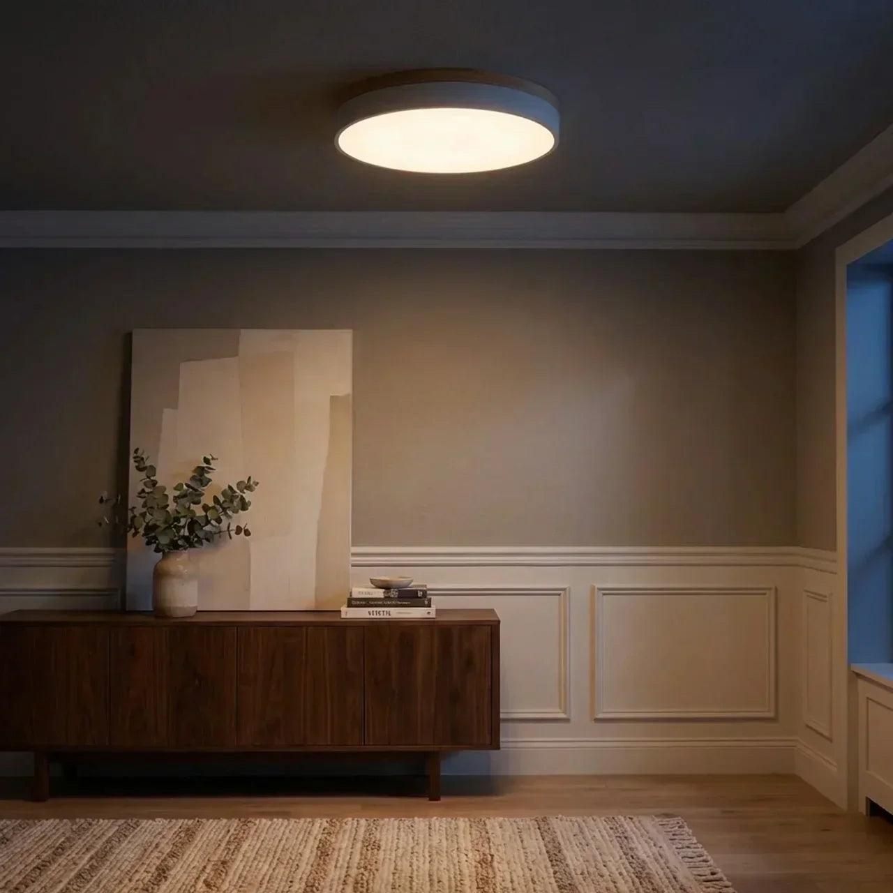 Ultra Slim Ceiling Light With Wood Accent Ring And Built In LED For Modern Indoor Spaces