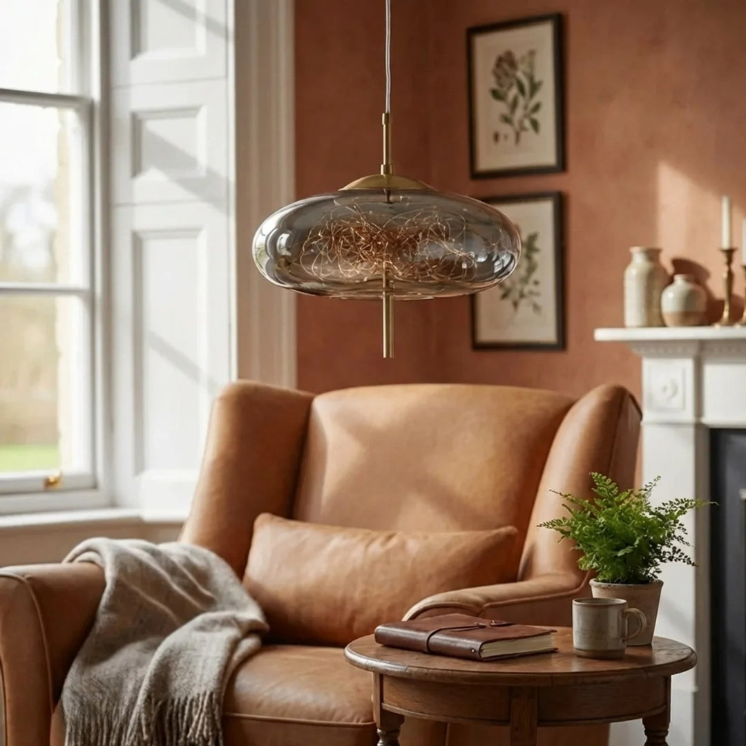 Ceiling Pendant Light With Glass Cylinder And Oval Shade For Ambient Illumination