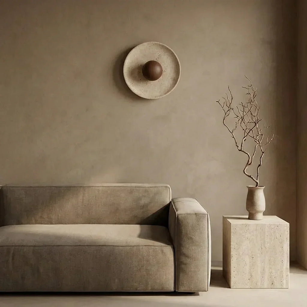 Wall Light With Integrated Led Featuring Travertine And Wood Disc For Indoor Use, Elegant Home Accent