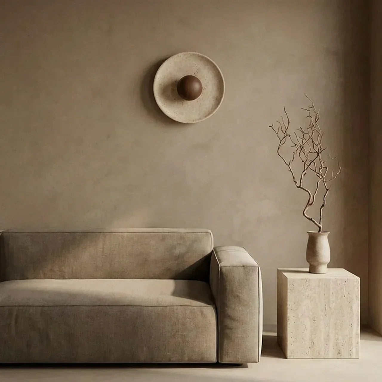 Wall Light With Integrated Led Featuring Travertine And Wood Disc For Indoor Use, Elegant Home Accent