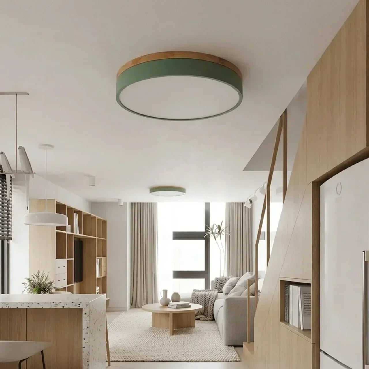 Ultra Slim Ceiling Light With Wood Accent Ring And Built In LED For Modern Indoor Spaces