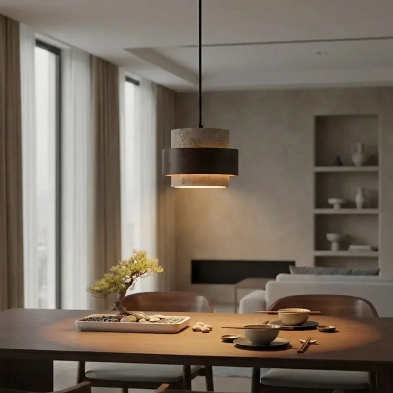 Pendant Light Made From Travertine With Walnut Wood Accent For Modern Interiors In Homes
