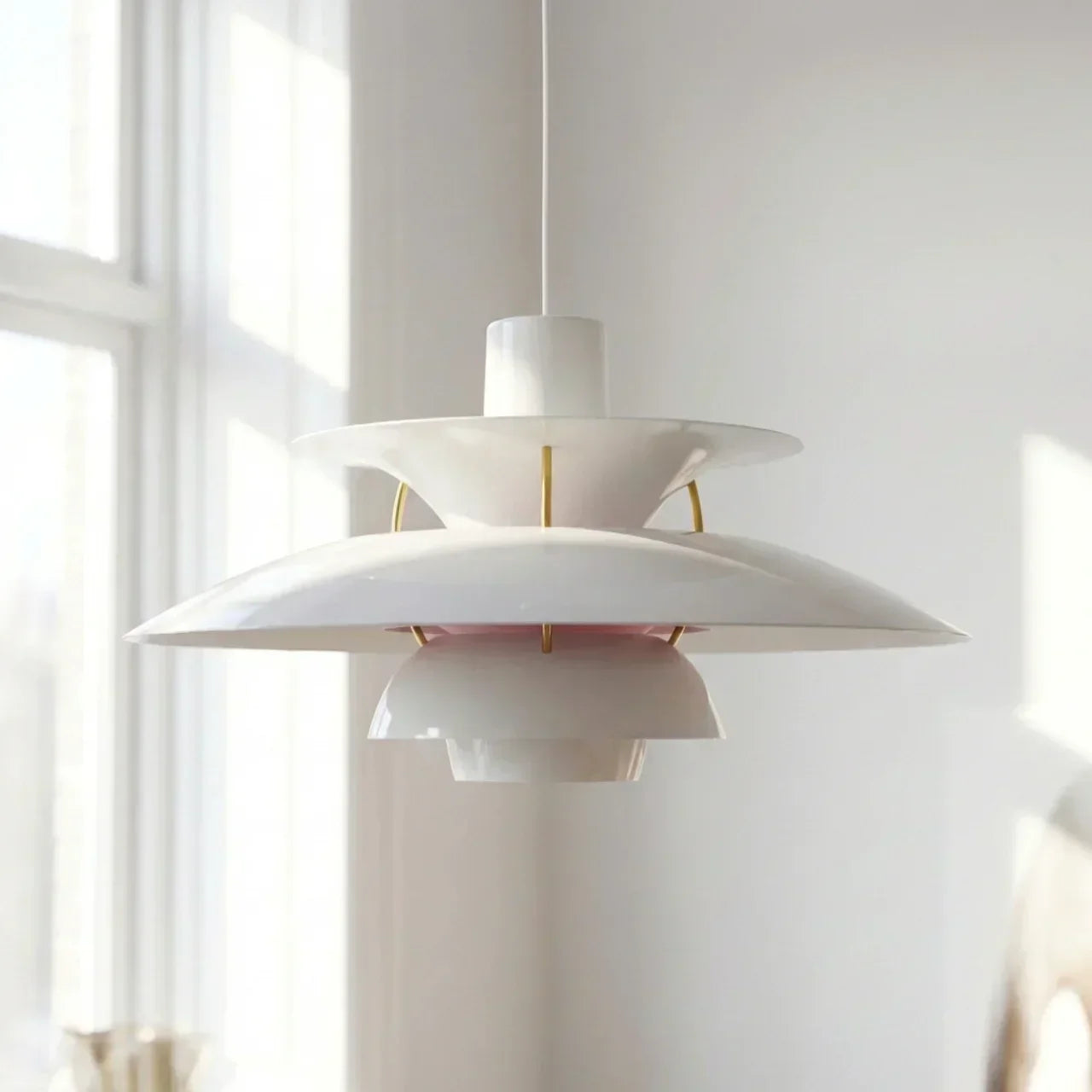 Danish Modern Inspired Pendant Fixture With Layered Shades For Downward Illumination