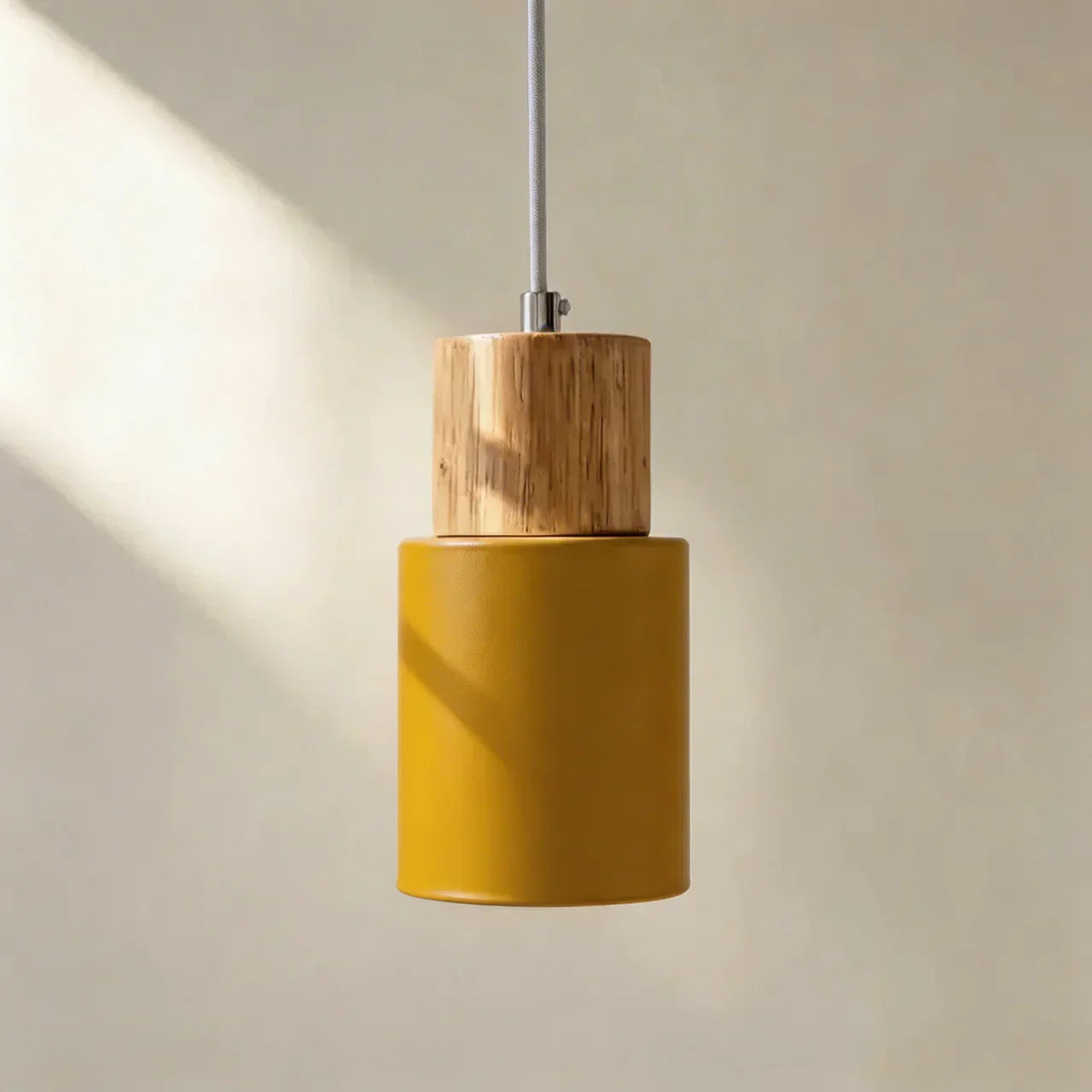 Aluminium Cylinder Pendant Light With Wood Detail Ceiling Mount Fixture And Adjustable Cord For Home Interiors