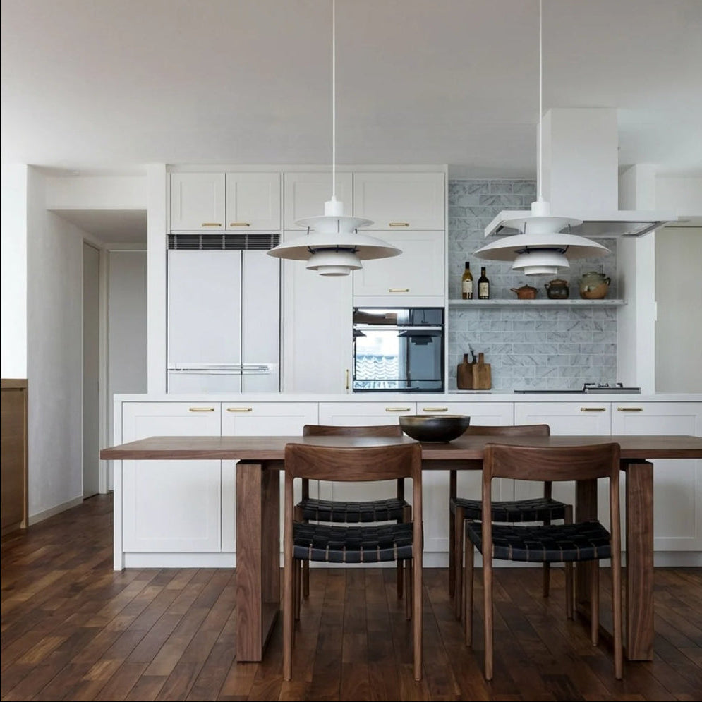 Danish Modern Inspired Pendant Fixture With Layered Shades For Downward Illumination