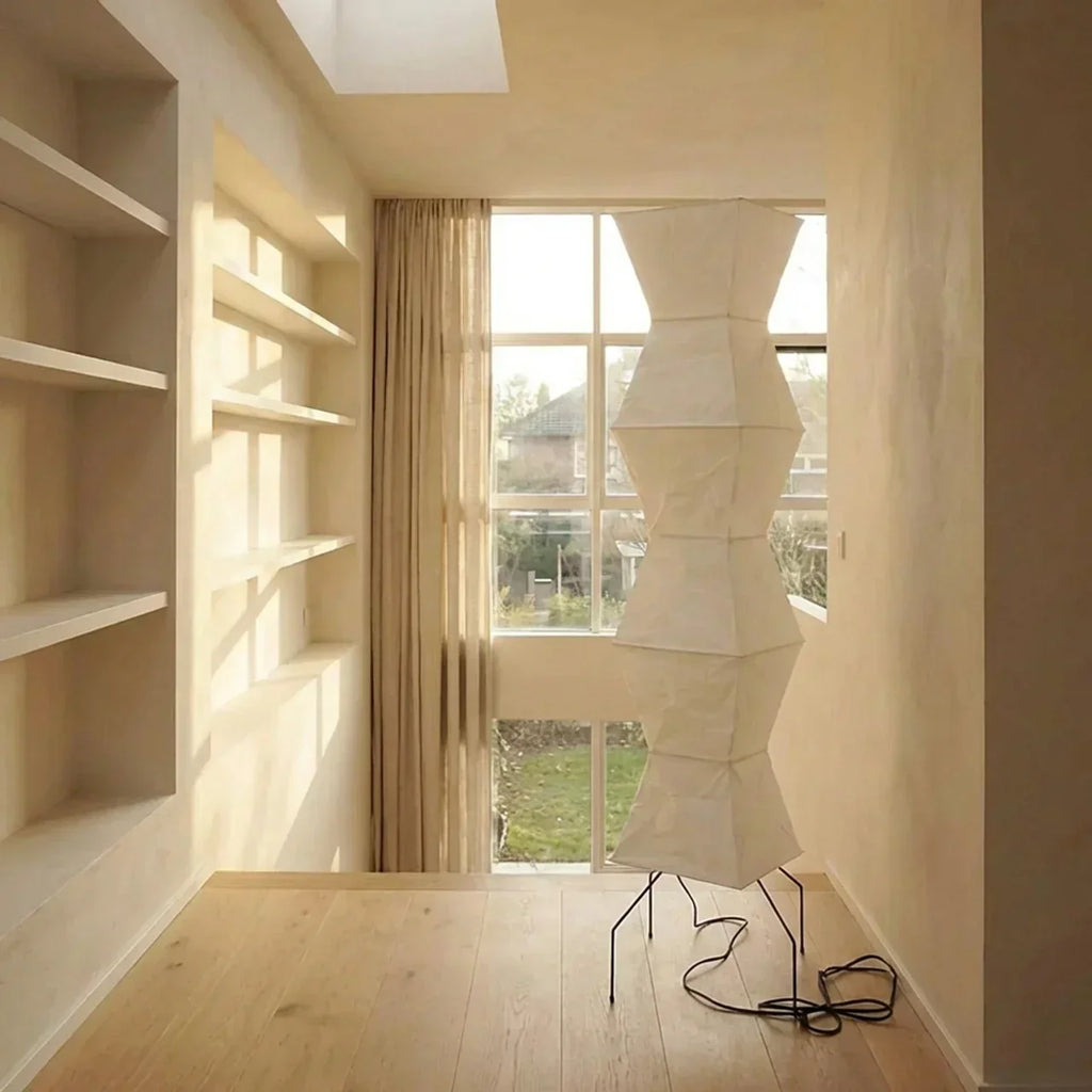Nimbus And Helix Floor Lamp With Rice Paper Shade And Sculptural Layered Design For Ambient Glow